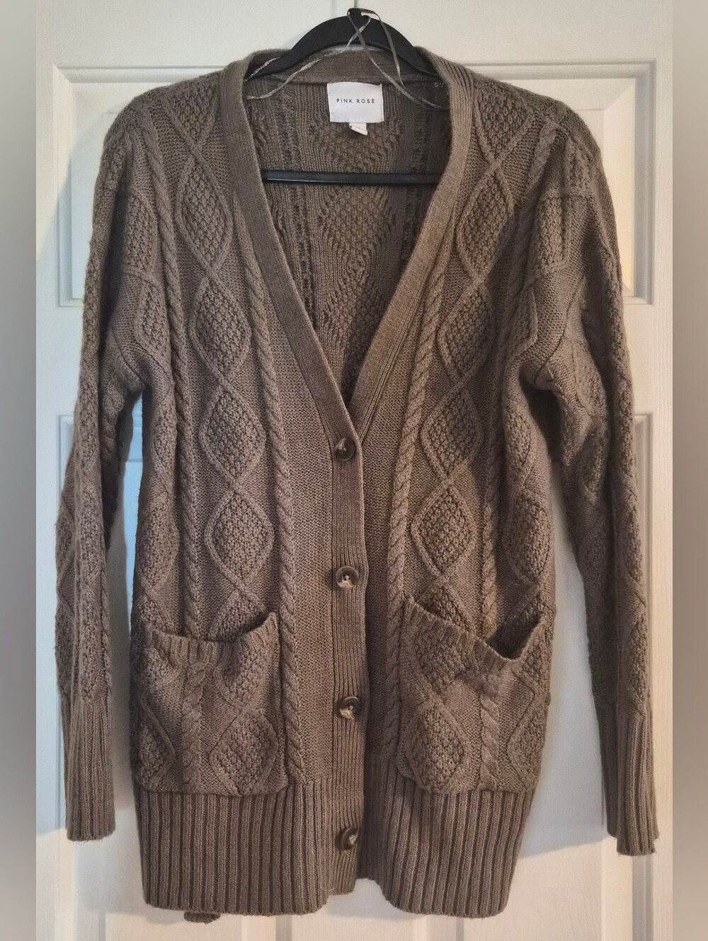 Pink Rose Taupe Brown Cable Knit Button Front Cardigan Sweater with Pockets